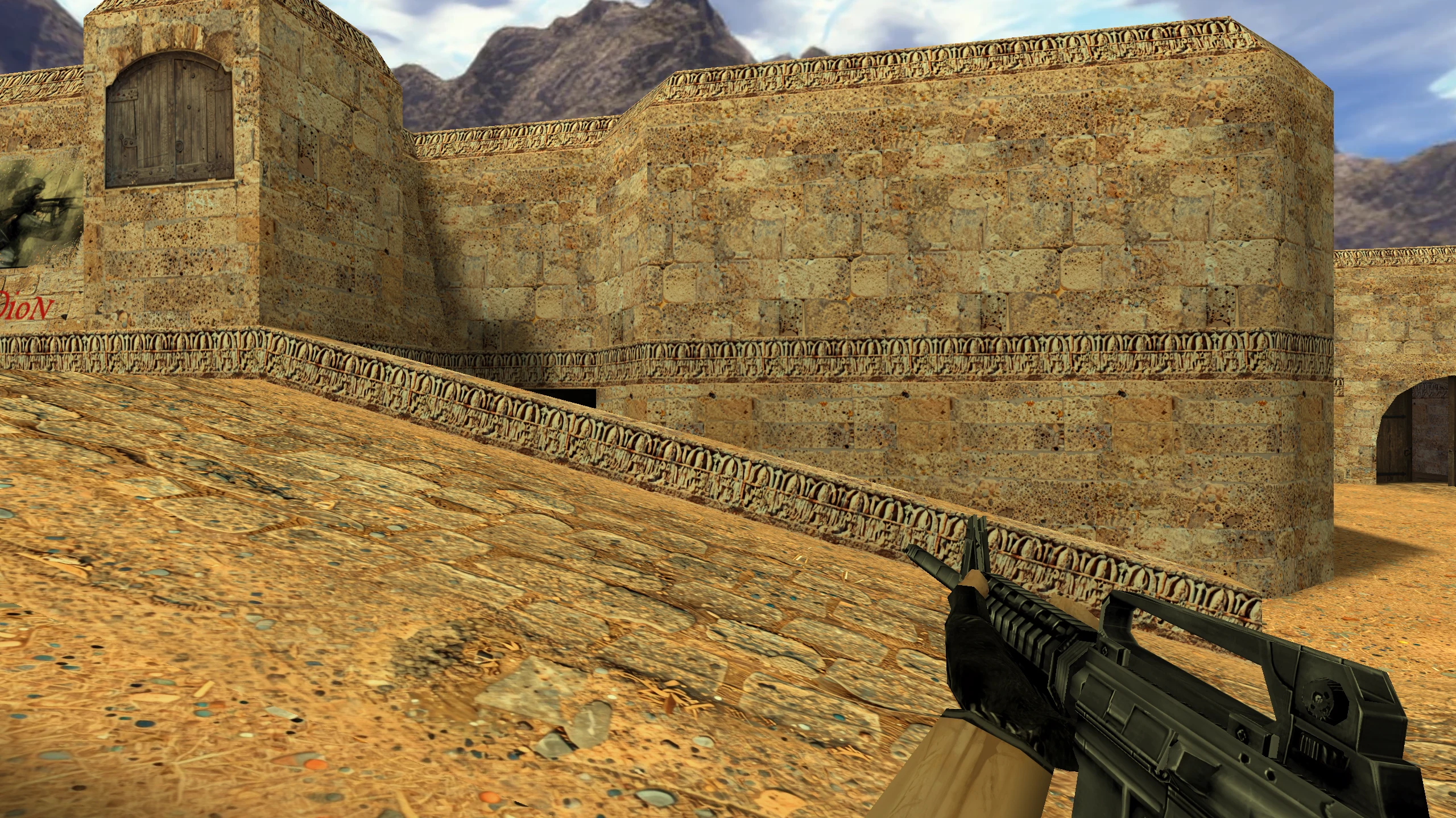 M4A1 в руках с HD-текстурами на карте de_dust2_2x2_hd, тот же ракурс
